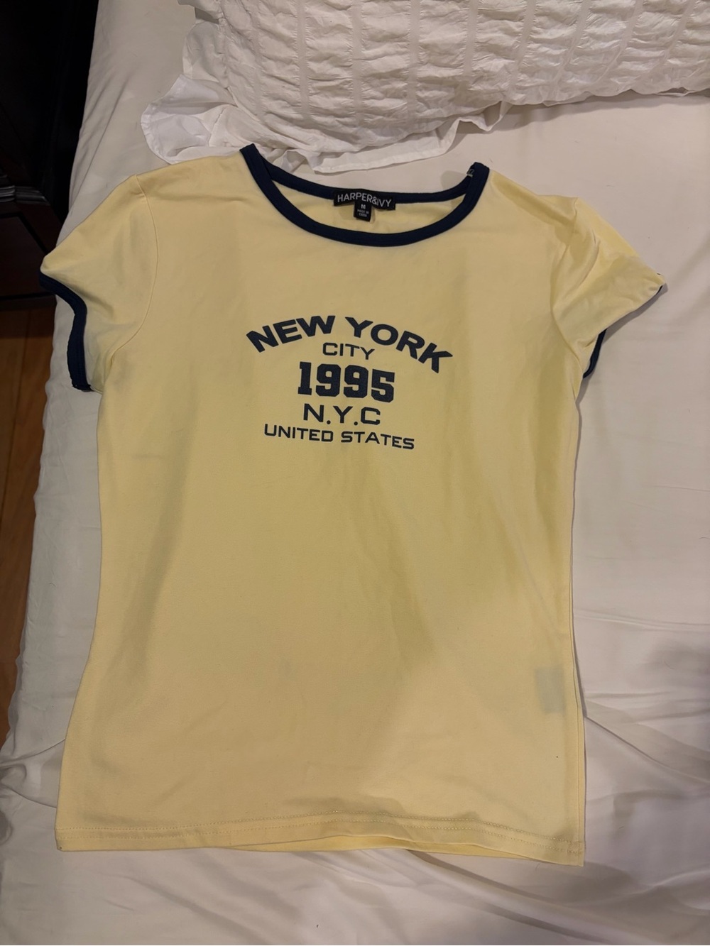 Harper Pale Yellow Ringer Tee with Navy Graphic